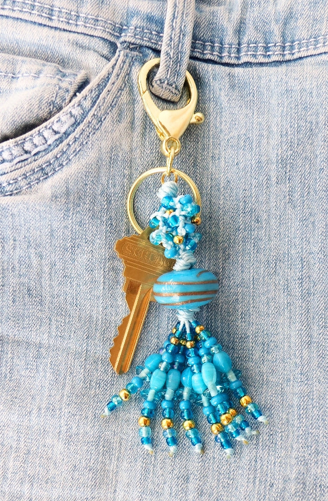 Blue Macrame Tassle Keychain - Juicybeads Jewelry