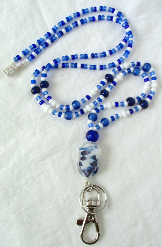 Blue & White Beaded Lanyard - Juicybeads Jewelry