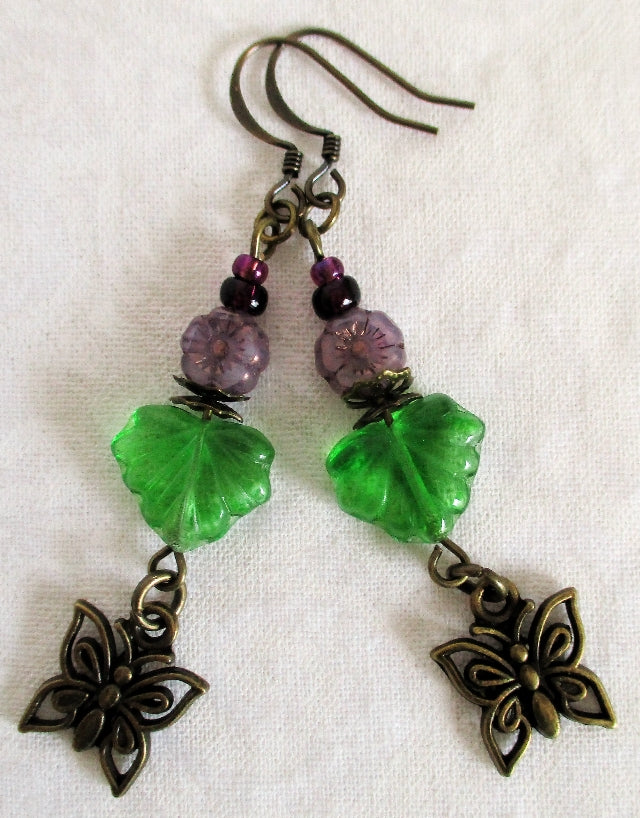 Purple Flower Dangle Earrings - Juicybeads Jewelry