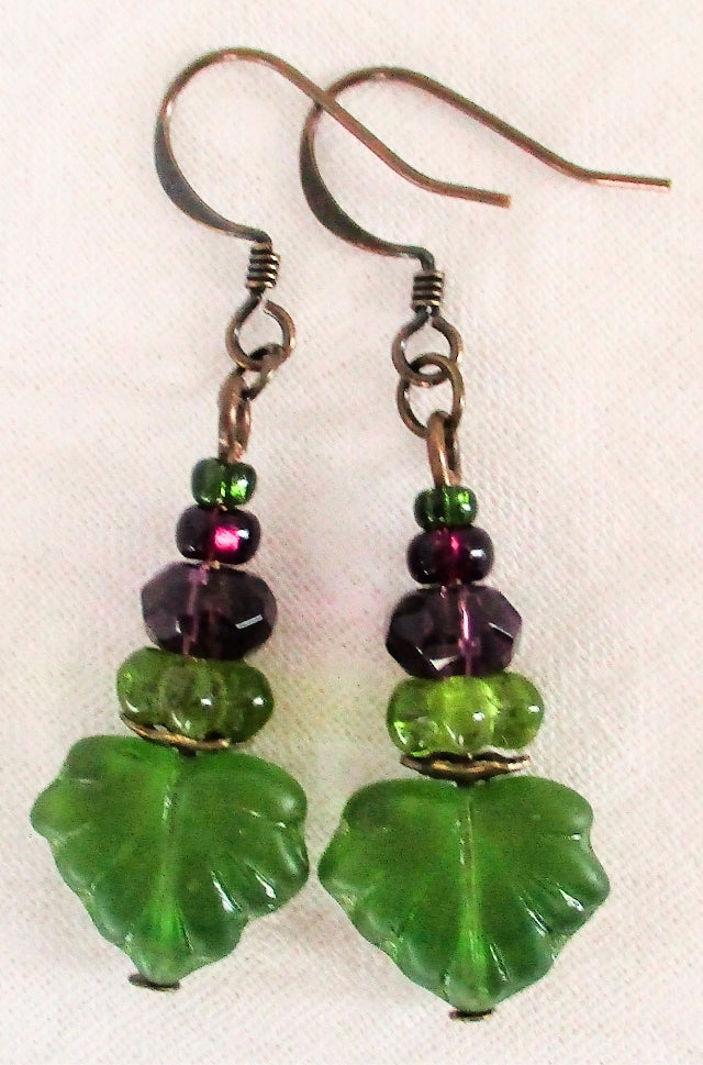 Purple & Green Leaf Dangle Earrings - Juicybeads Jewelry