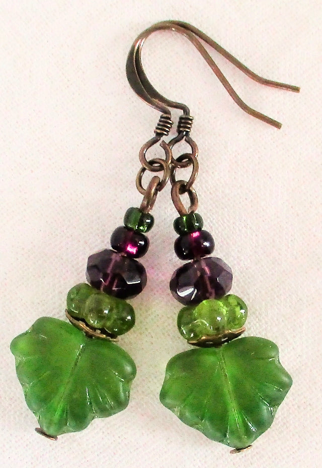 Purple & Green Leaf Dangle Earrings - Juicybeads Jewelry