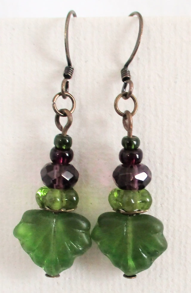 Purple & Green Leaf Dangle Earrings - Juicybeads Jewelry