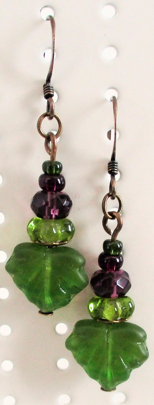 Purple & Green Leaf Dangle Earrings - Juicybeads Jewelry