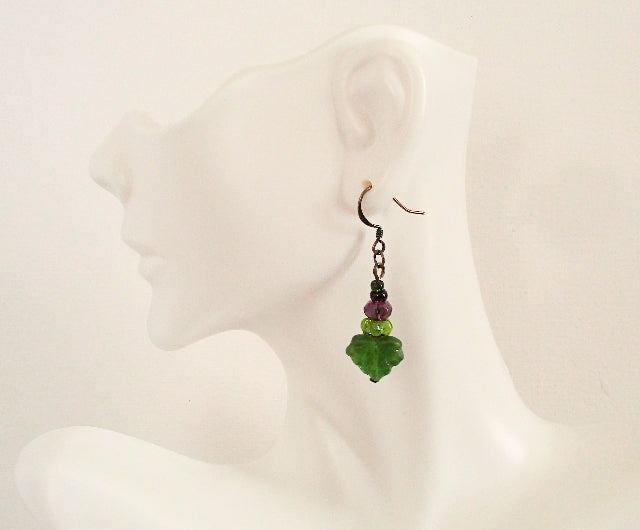 Purple & Green Leaf Dangle Earrings - Juicybeads Jewelry