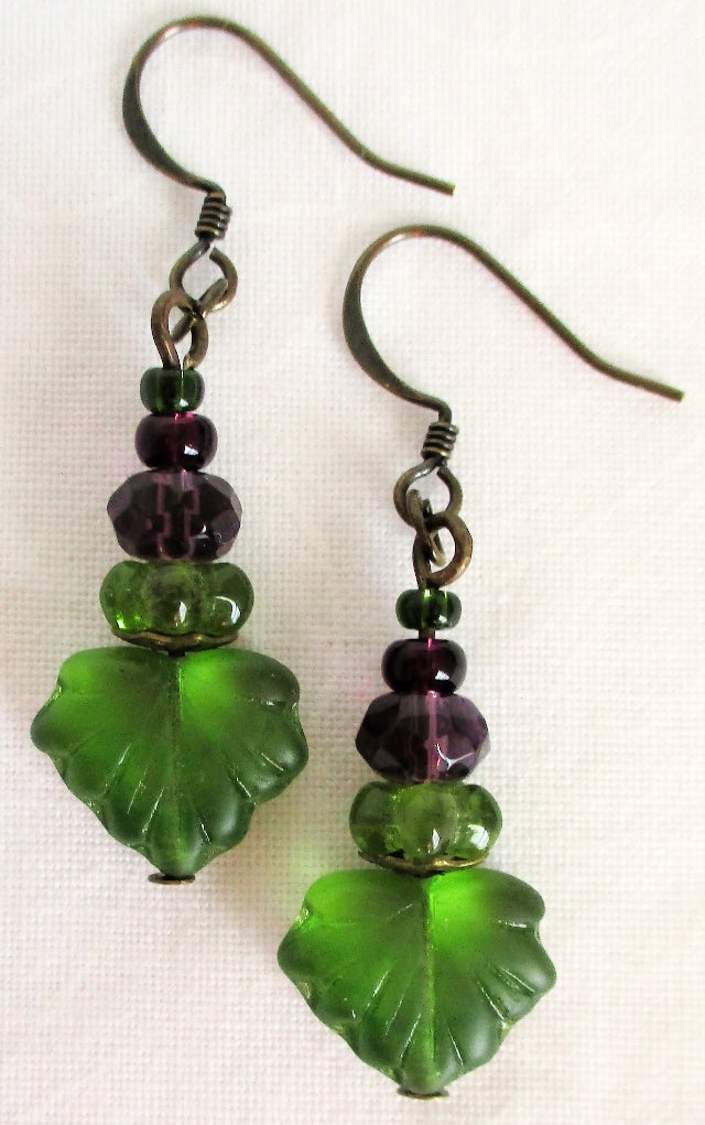 Purple & Green Leaf Dangle Earrings - Juicybeads Jewelry