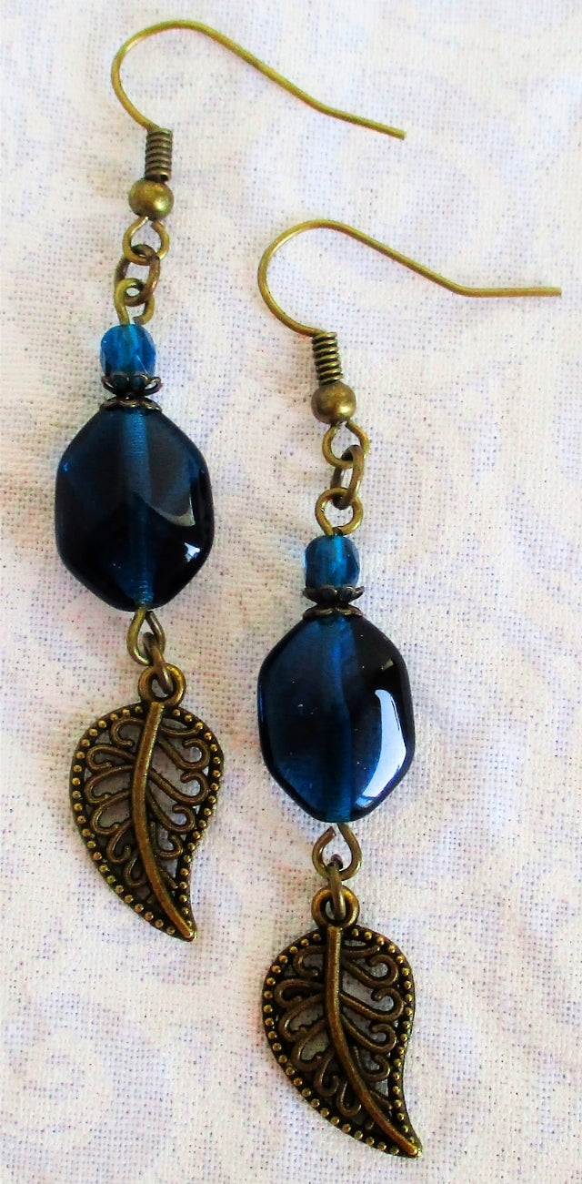 Teal Brass Leaf Earrings - Juicybeads Jewelry