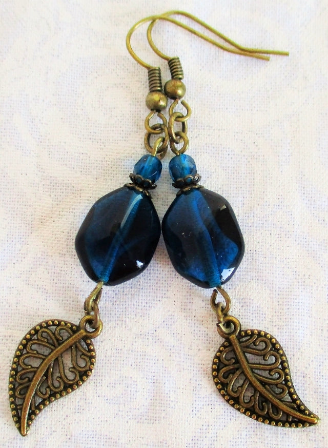 Teal Brass Leaf Earrings - Juicybeads Jewelry