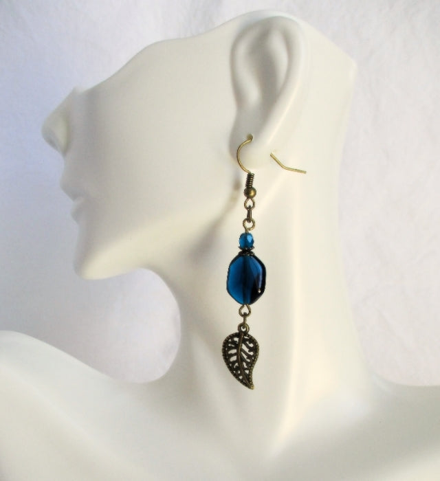 Teal Brass Leaf Earrings - Juicybeads Jewelry