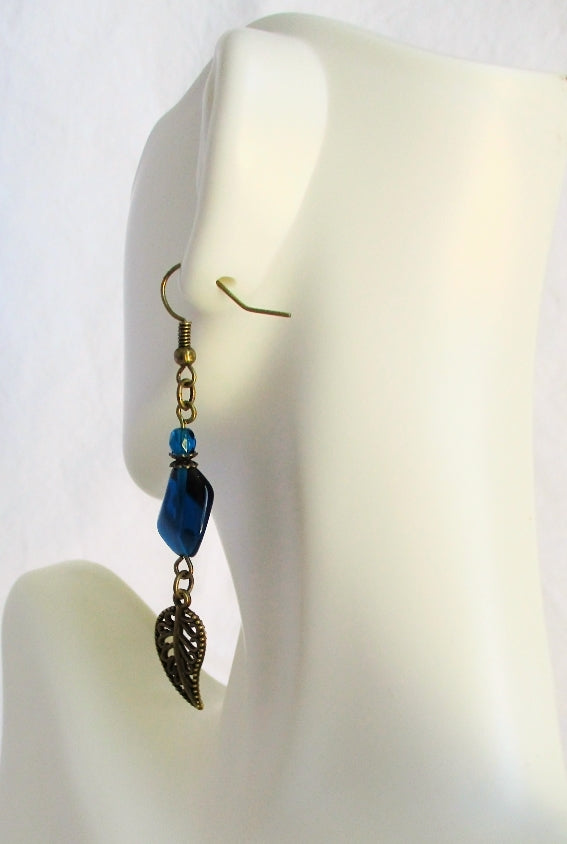 Teal Brass Leaf Earrings - Juicybeads Jewelry