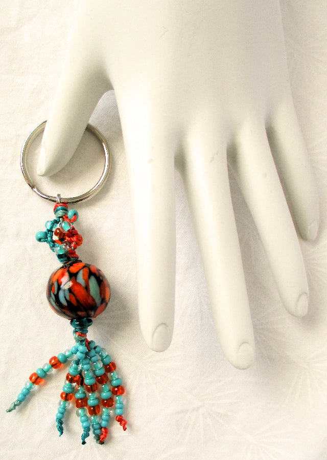 Turquoise & Orange Beaded Keychain - Juicybeads Jewelry